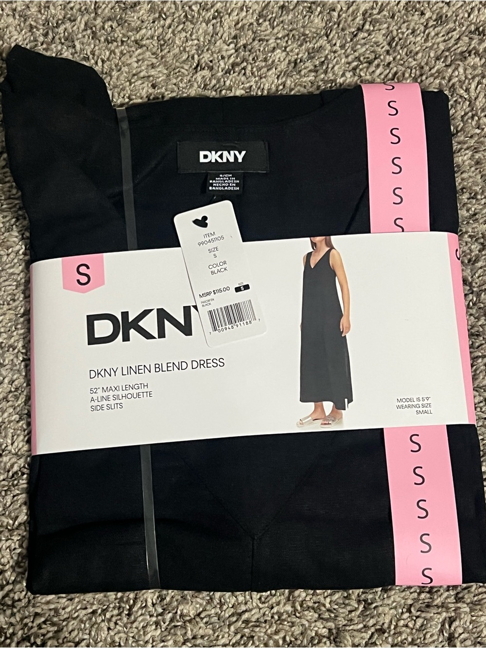 DKNY Black Linen-Blend Maxi Dress with V-Neck